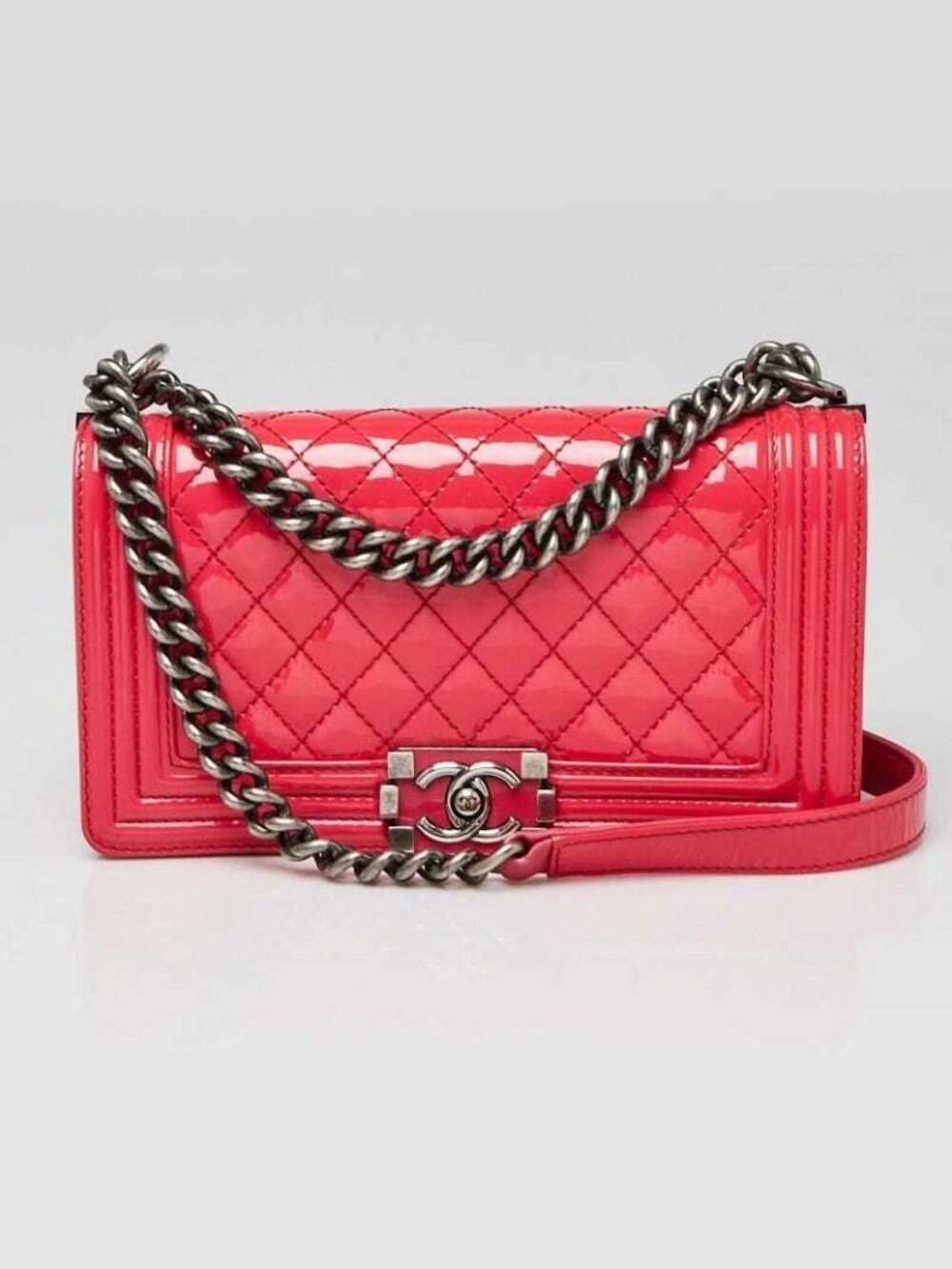 Chanel Bright Pink Quilted Patent Leather Medium Boy Bag